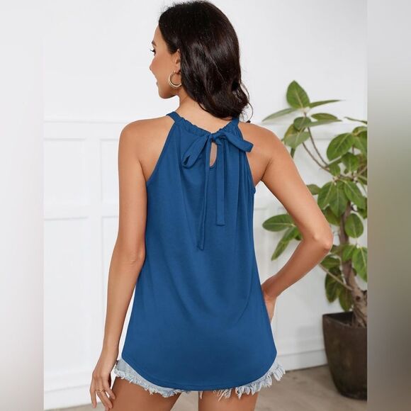 1.State NWT Womens Capri Blue Tank Smocked Necked Sleeveless Halter Top Top M - Picture 2 of 8